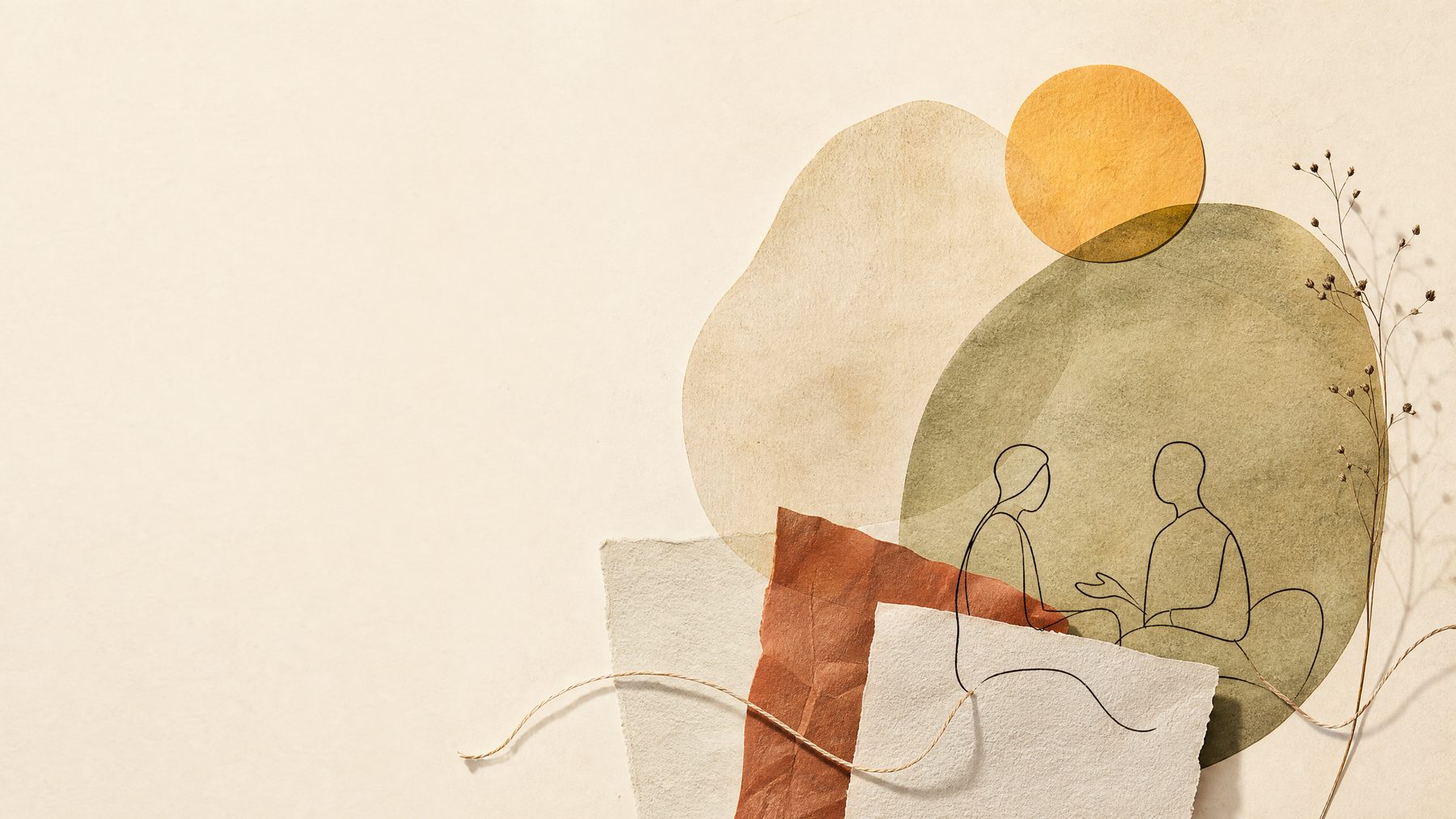 Paper collage of two figures in conversation beneath overlapping forms